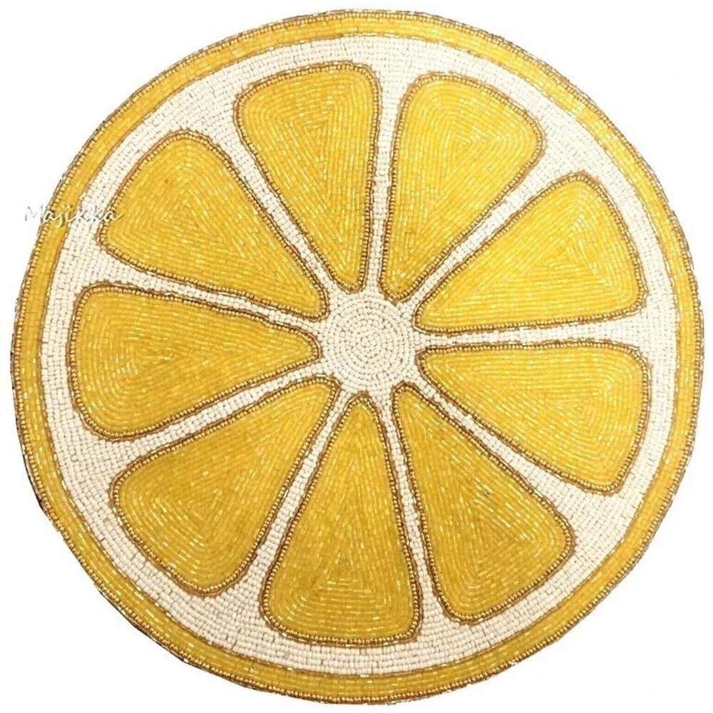 Tropical Hacienda Lemon Fruit Slice Placemats Yellow Beaded 15